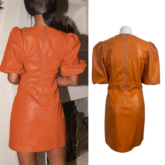 Lulus Play a Tune Size L Rust Orange Vegan Leather Puff Sleeve Mini Party Dress - Picture 11 of 12